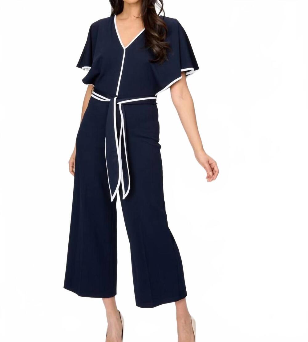 NEW JOSEPH RIBKOFF contrast trim jumpsuit in midnight blue